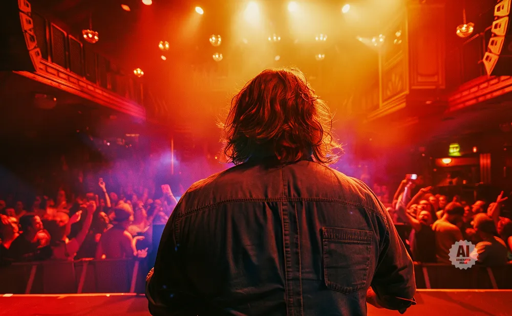 Back view of a person with long hair on stage, facing a cheering crowd in a dimly lit concert hall with red and orange lights.