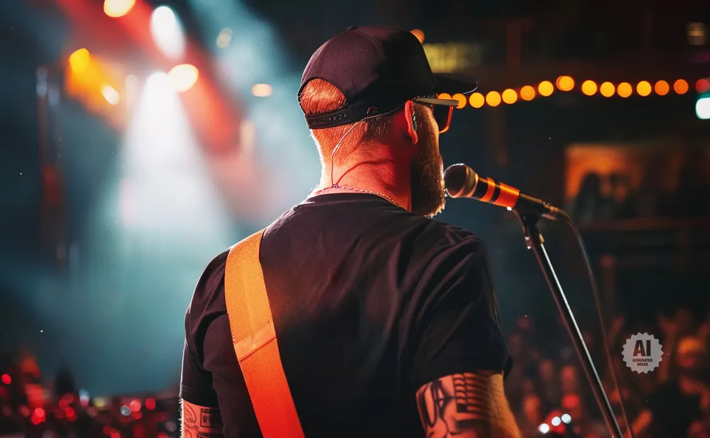 Musician with a beard and cap on stage, singing into a microphone with stage lights in the background.