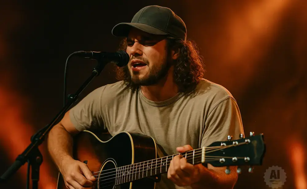 A man in a t-shirt and baseball cap plays an acoustic guitar and sings into a microphone.