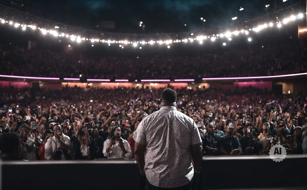 Man in patterned shirt faces large, cheering stadium crowd holding up phones.