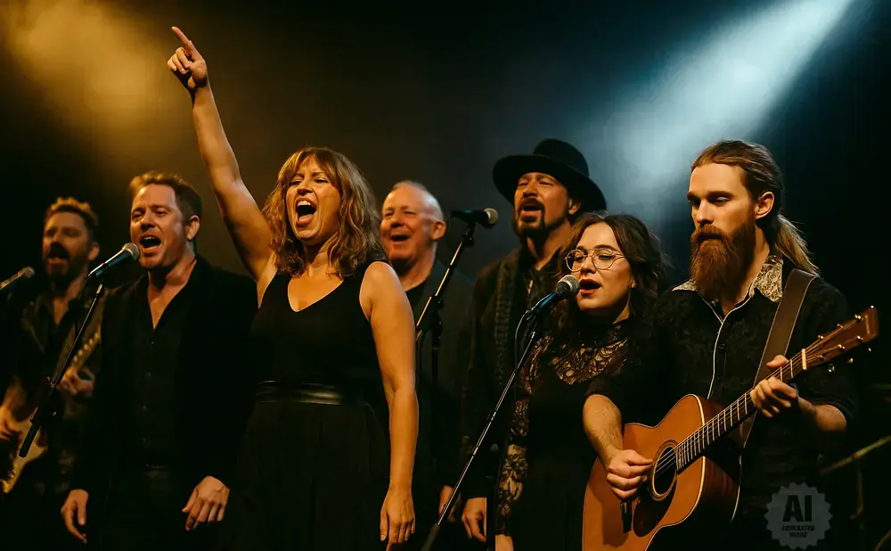 A band performs on stage, with a woman in the foreground singing and pointing upwards.