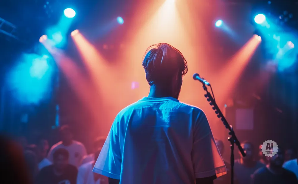 Back view of a person on stage with bright colored lights and a crowd in the background.