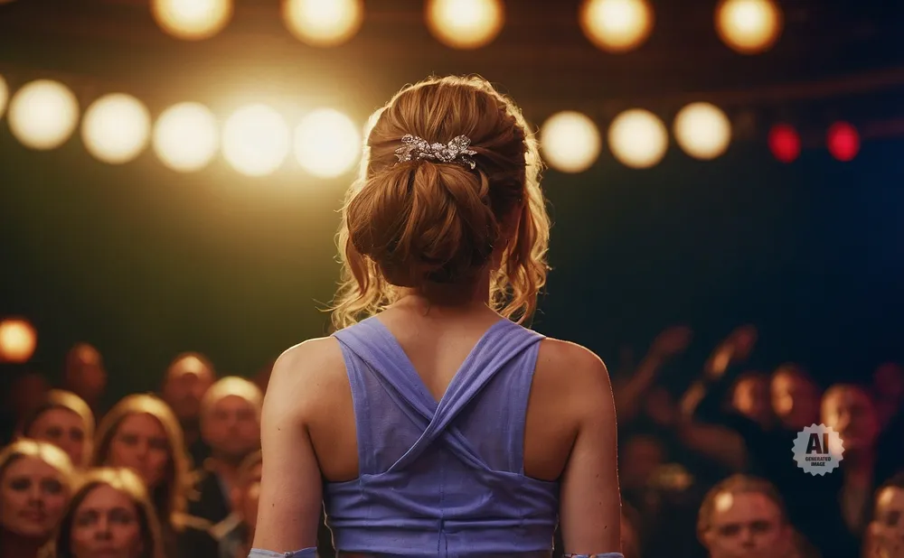 Woman with an updo hairstyle and sparkling hair clip faces away from the camera, on stage with audience blurred in the background.