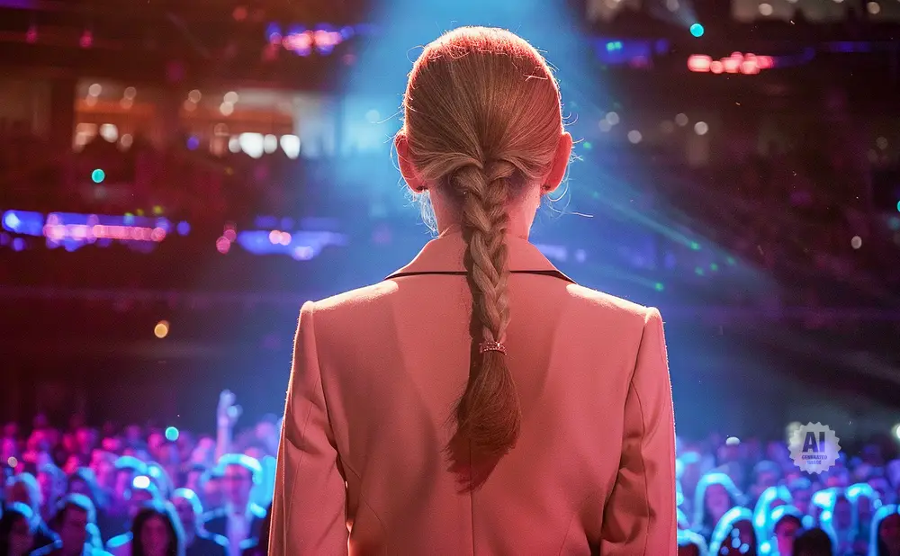 Back view of a woman with a braid in a pink blazer addressing a cheering crowd under stage lights.