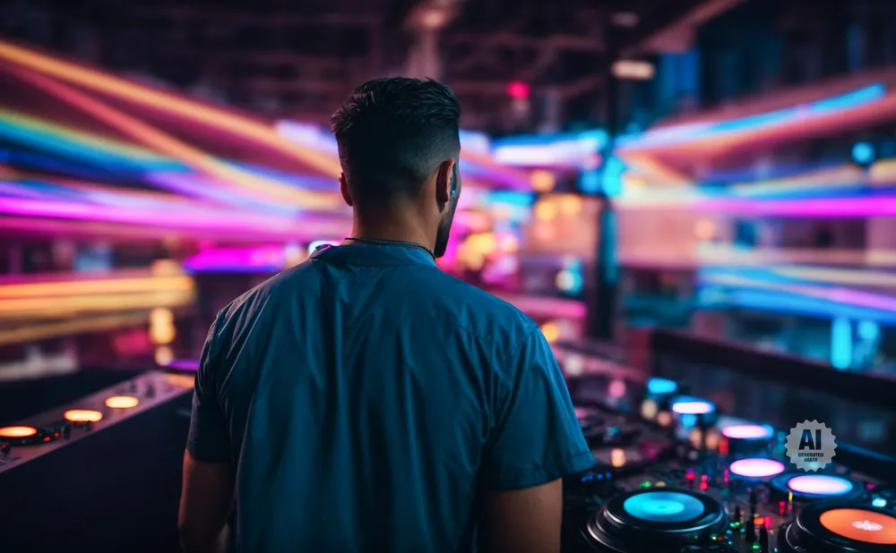 DJ in a blue shirt plays music on a DJ setup, illuminated by colorful neon lights.