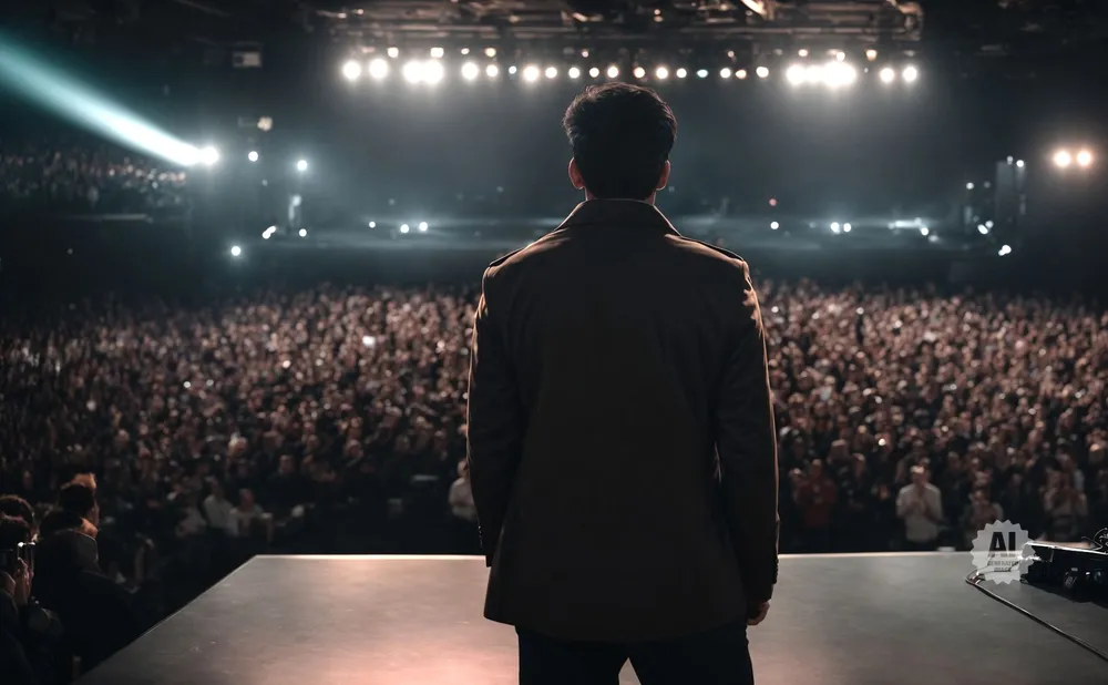 A person stands on stage facing a large, cheering audience under bright stage lights.