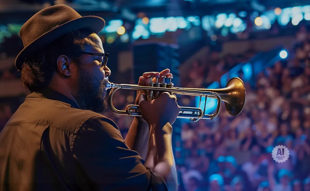 A man in a hat plays the trumpet on stage with a blurred audience in the background.