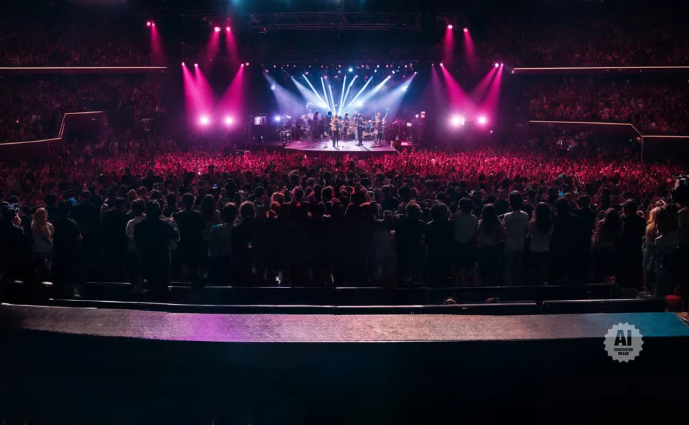 A band performs on a brightly lit stage in front of a large, cheering crowd in a concert hall.