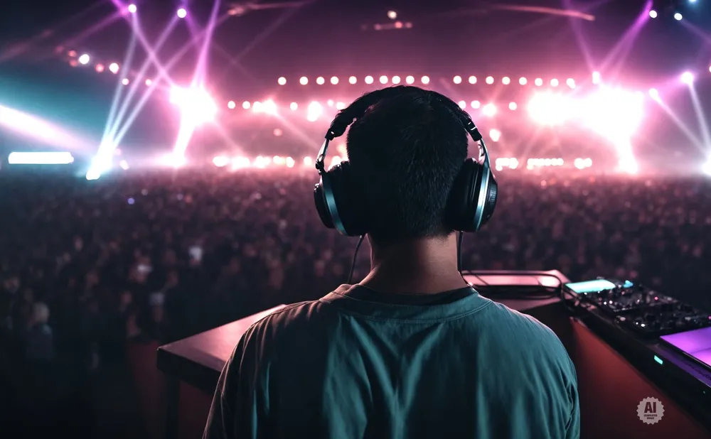 DJ wearing headphones performs for a large, lit crowd at a concert.