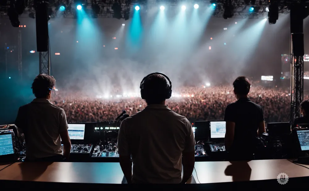Three DJs stand at a console, facing a large, cheering crowd at a concert with bright stage lights.