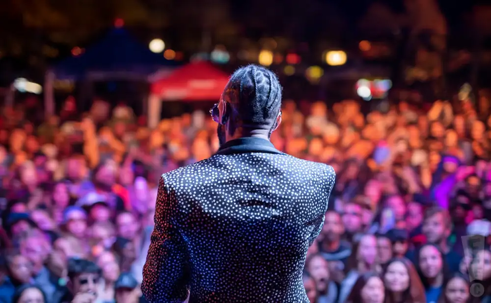 A performer in a black polka-dot suit faces a large, blurred crowd at an outdoor event.
