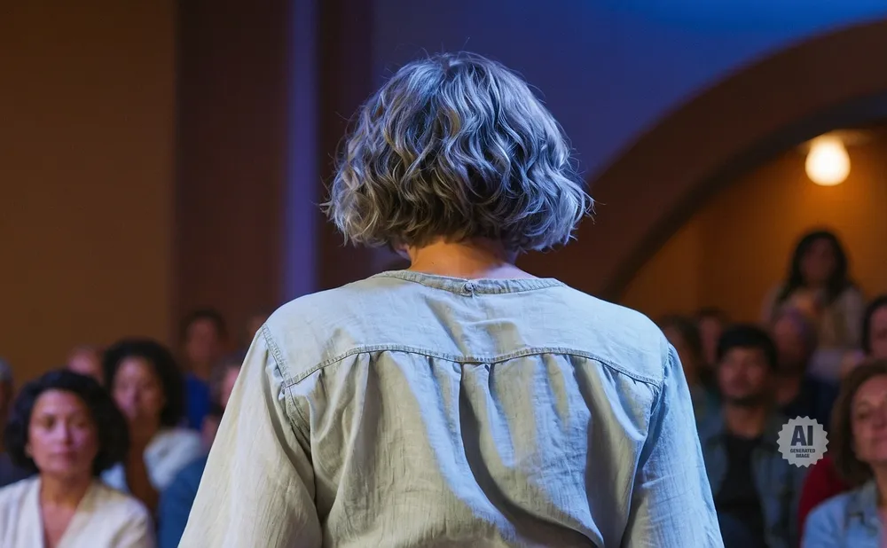 Back view of a person with curly grey hair speaking to an audience in a dimly lit room.