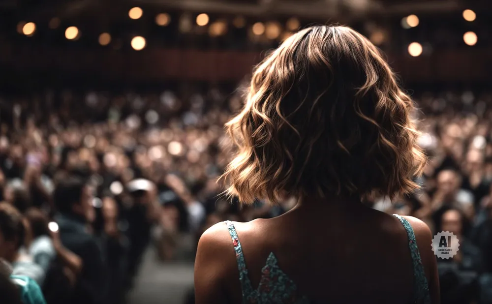 Woman with wavy brown hair facing away from the camera, looking at a blurred audience.