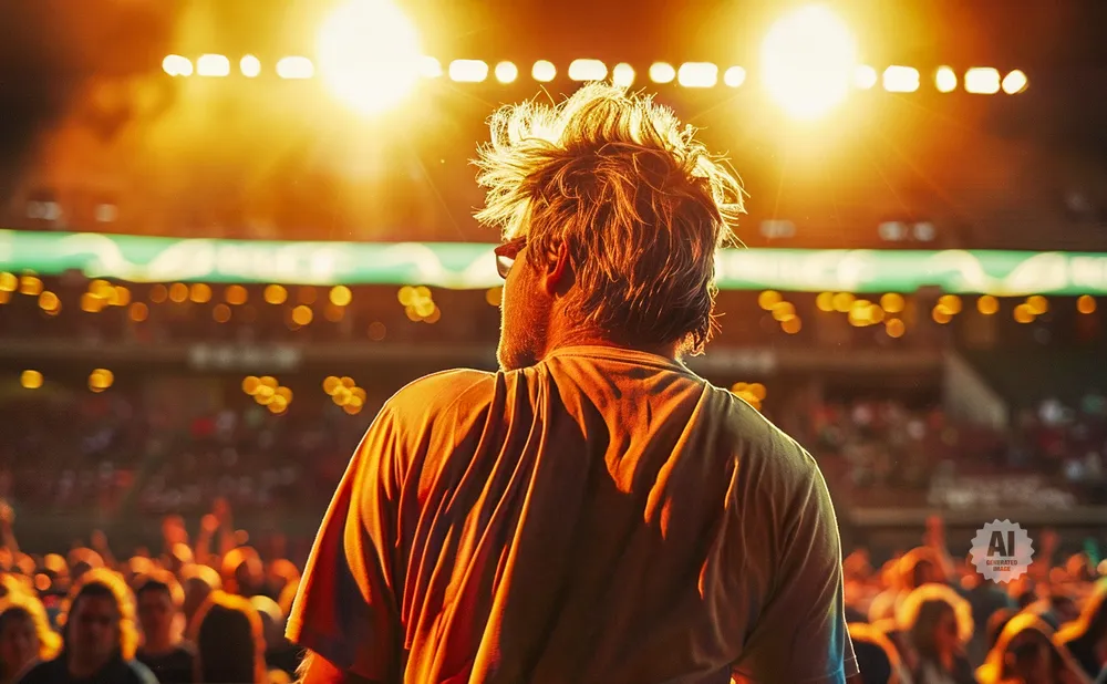 Man with messy hair faces away from camera, towards a bright stage with a cheering crowd.