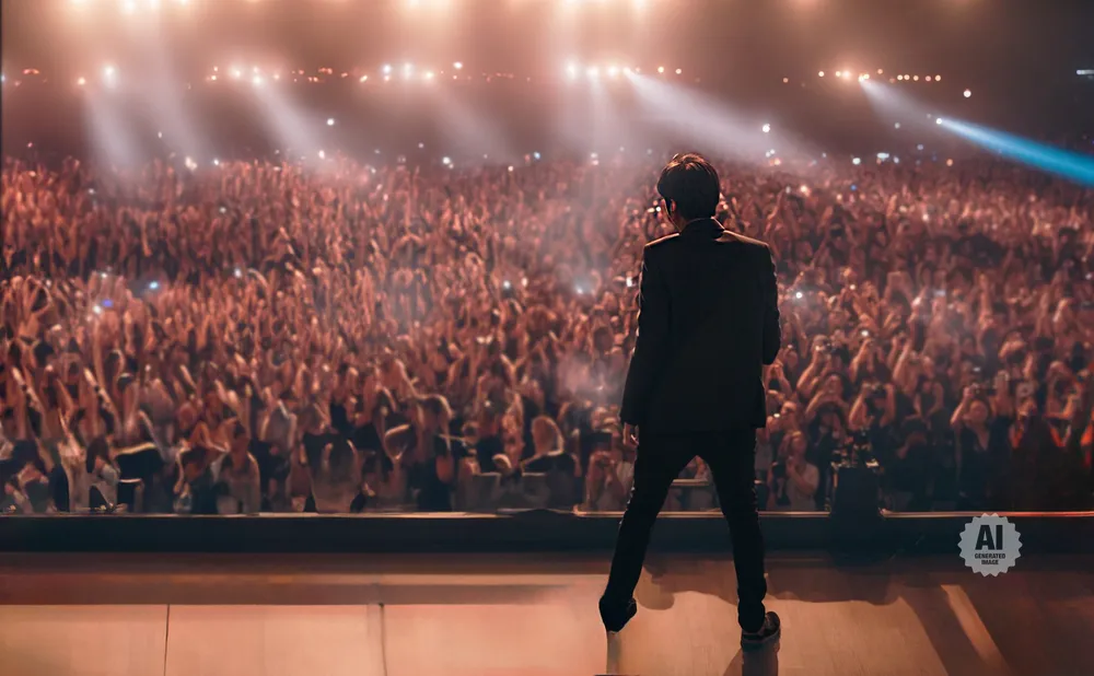 A performer in a dark suit stands on stage facing a massive, cheering crowd at a concert.