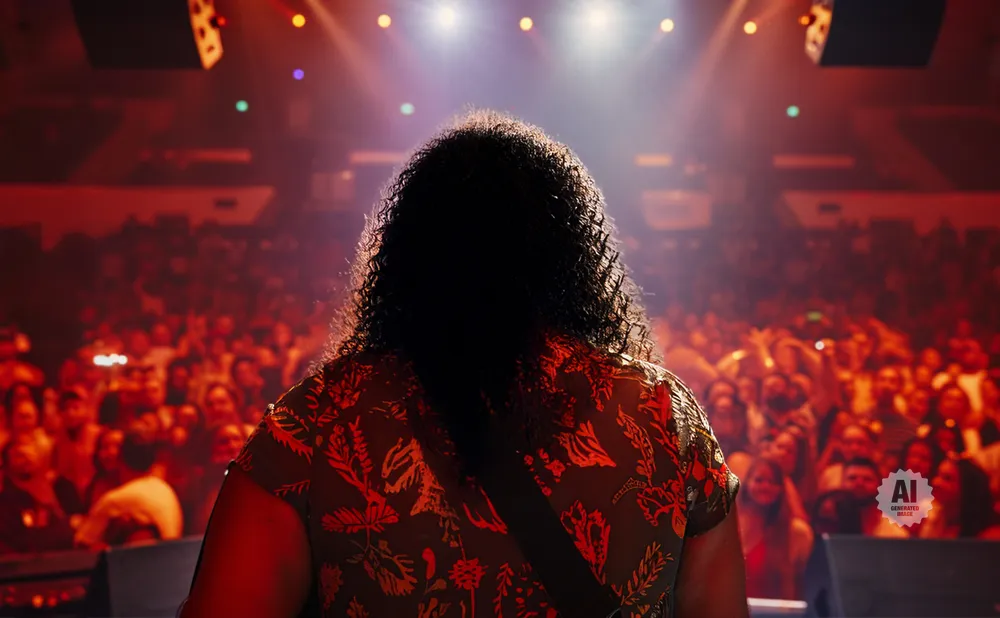 Back view of a person with curly hair on stage, facing a large, brightly lit crowd at a concert.