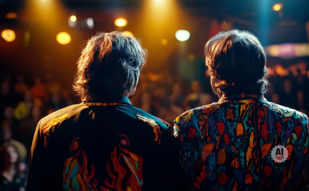 Two people from behind, wearing vibrantly patterned jackets, stand on a stage with spotlights and blurred audience.