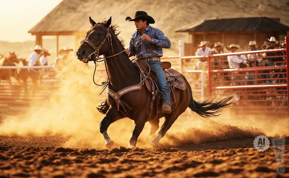 Cowboy on a horse kicking up dust in a rodeo arena, with spectators in the background.
