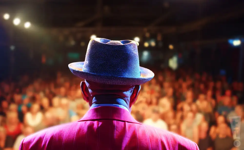 Man in a fedora and pink suit facing a blurred audience.