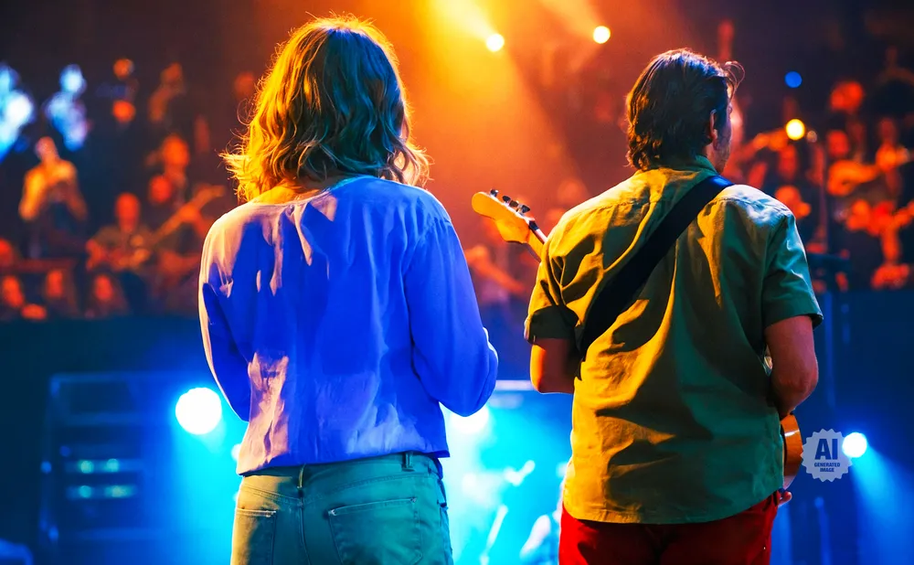 Two musicians on stage at a concert, facing away from the camera, with an audience blurred in the background.