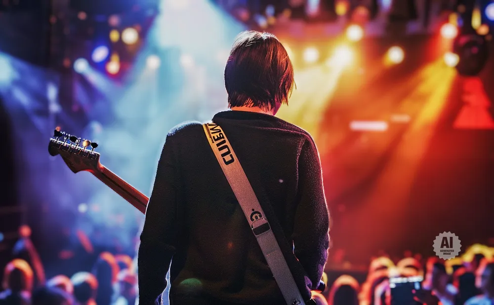 A guitarist plays on stage with a crowd cheering in front of colorful lights.