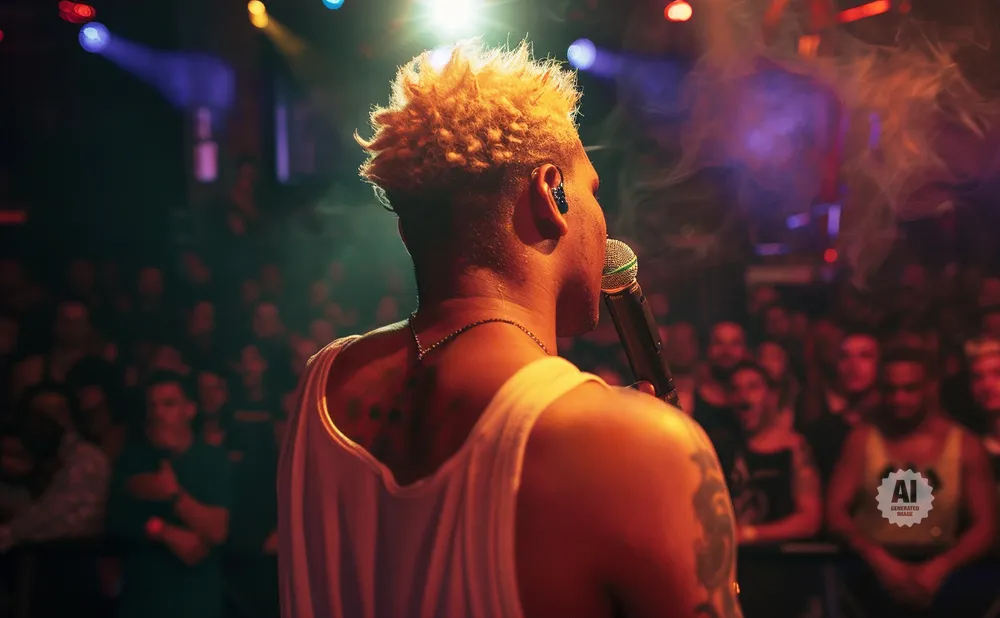 A performer with blonde, spiky hair holds a microphone, facing a blurred crowd under colorful stage lights.