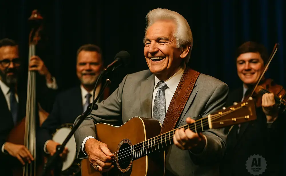 A man with white hair, wearing a gray suit and tie, smiles while playing an acoustic guitar with his band.