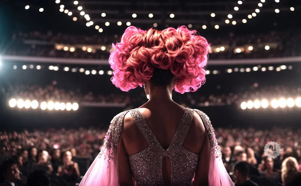 A person with a large, pink, curly hairstyle stands on a stage in front of a crowd.
