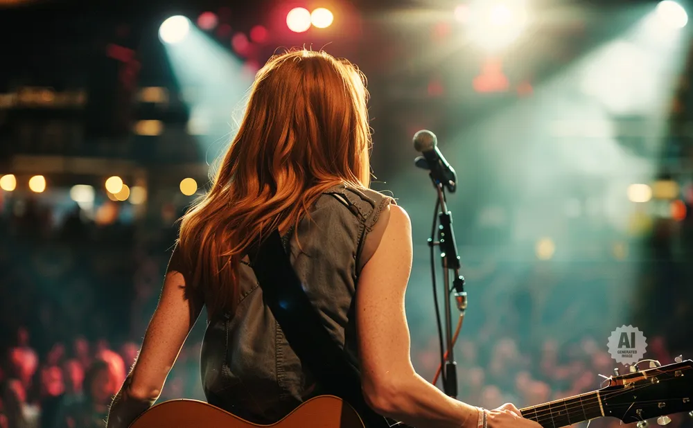 A red-haired musician plays guitar on stage with a microphone and a cheering crowd in the background.