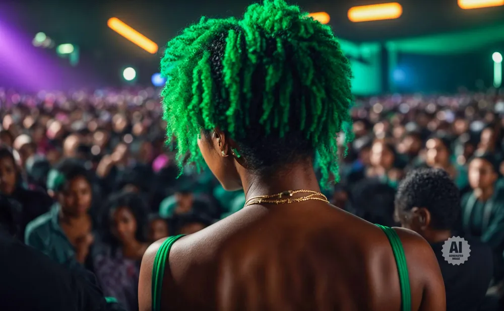 Woman with bright green hair facing a large crowd at a concert or event.