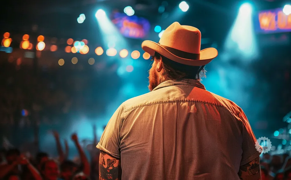 Man in a cowboy hat and denim shirt on stage with crowd and lights.