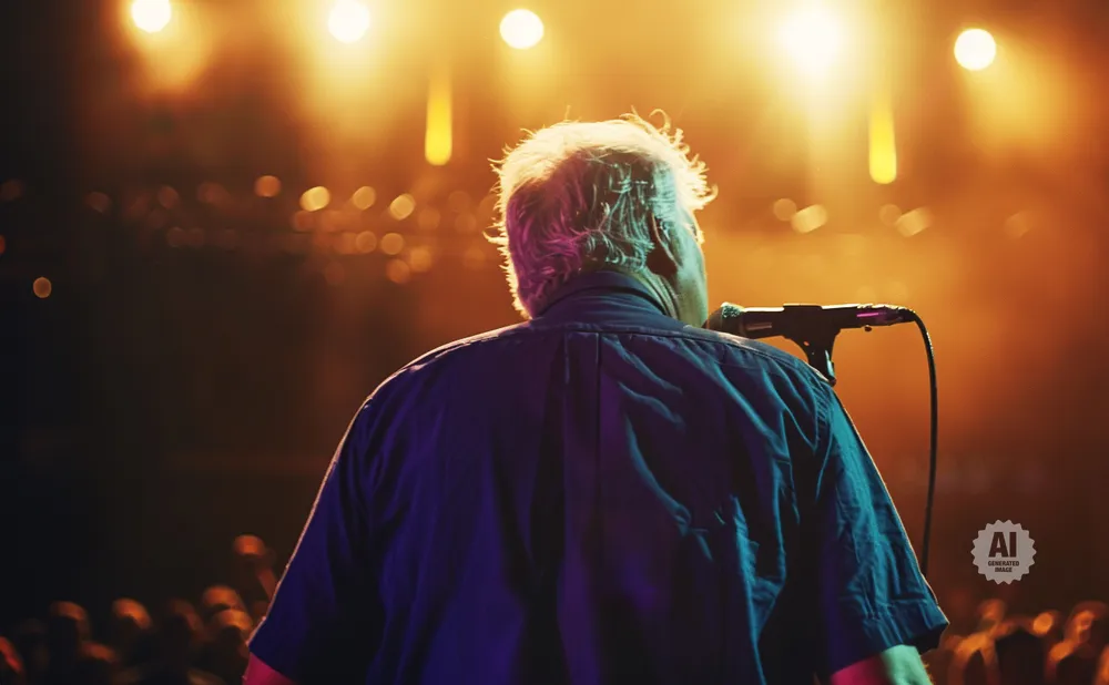 A musician with a microphone faces away from the camera, bathed in warm stage lights.