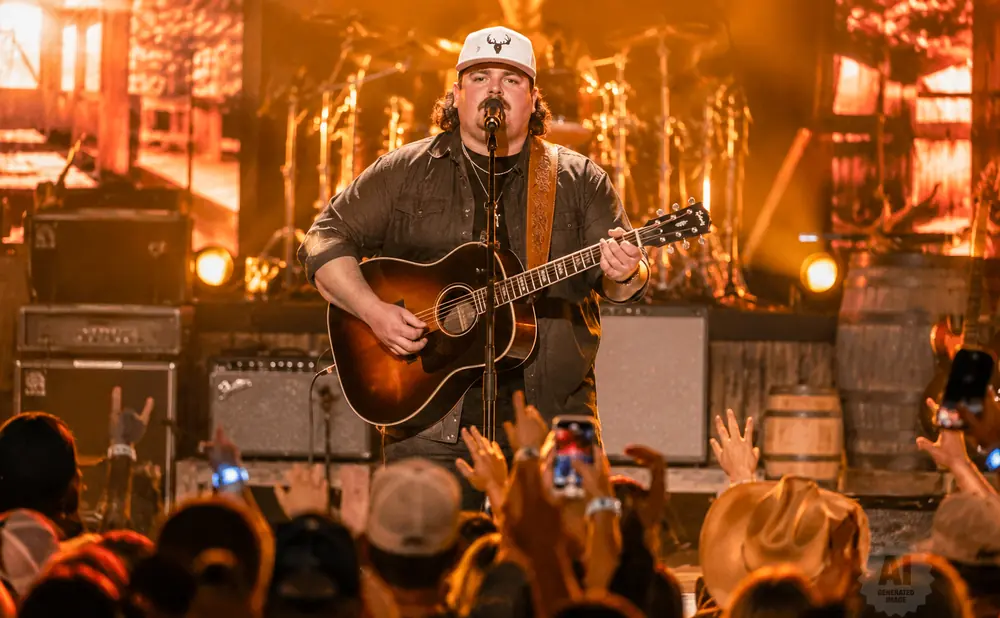 A male country singer plays an acoustic guitar and sings into a microphone on stage, with a crowd in the foreground.