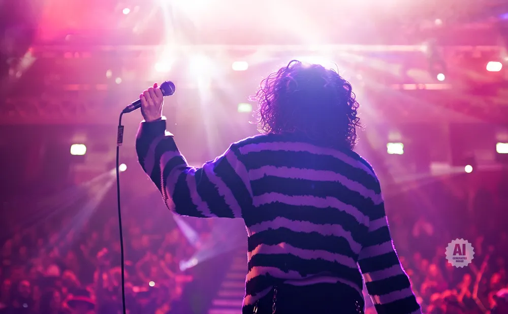 A singer with curly hair holds a microphone on a stage with bright pink lights and a cheering crowd.