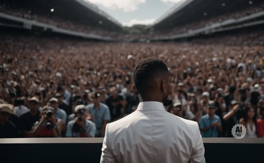 A man in a white suit faces a large stadium crowd.