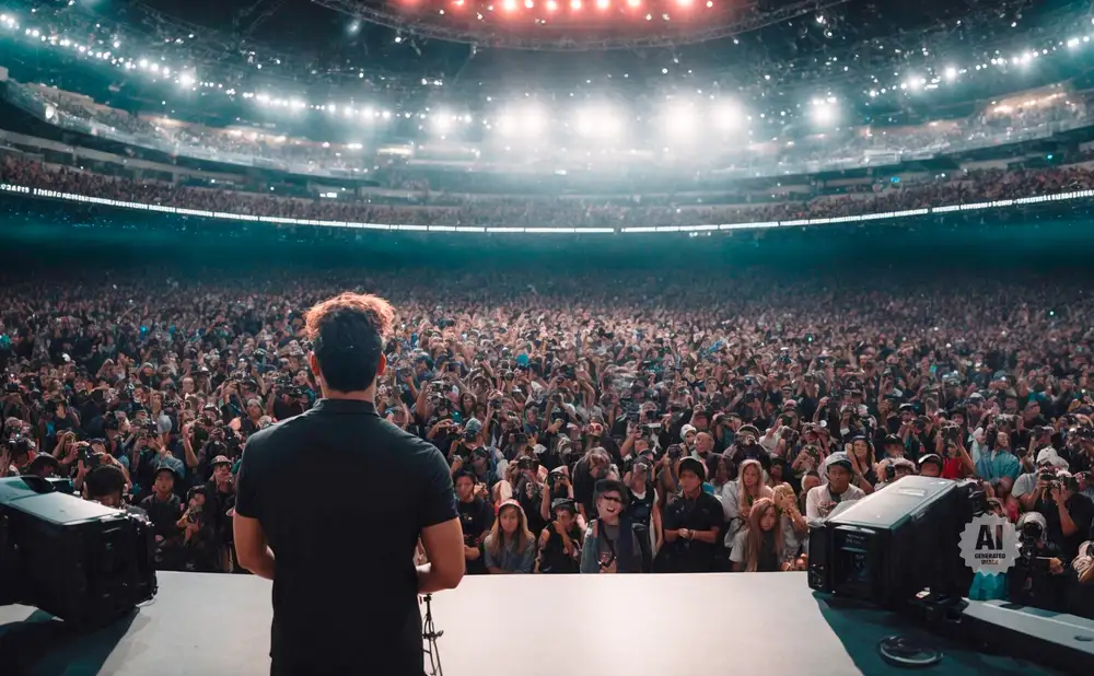 Man on stage addresses a large stadium crowd with phones raised.