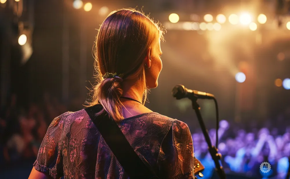 Woman on stage with guitar, singing into a microphone with an audience blurred in the background.