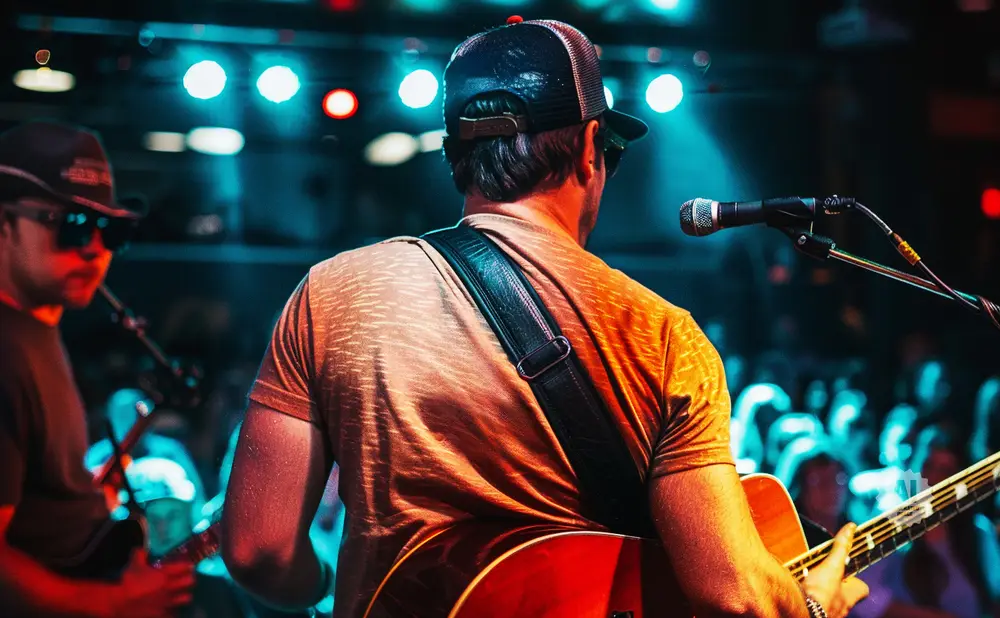 Two musicians on stage, one playing guitar in the foreground, with lights and audience blurred in the background.