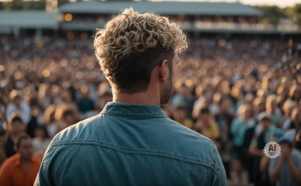 Man with curly blonde hair in a denim shirt facing a large, blurred crowd at an outdoor event.