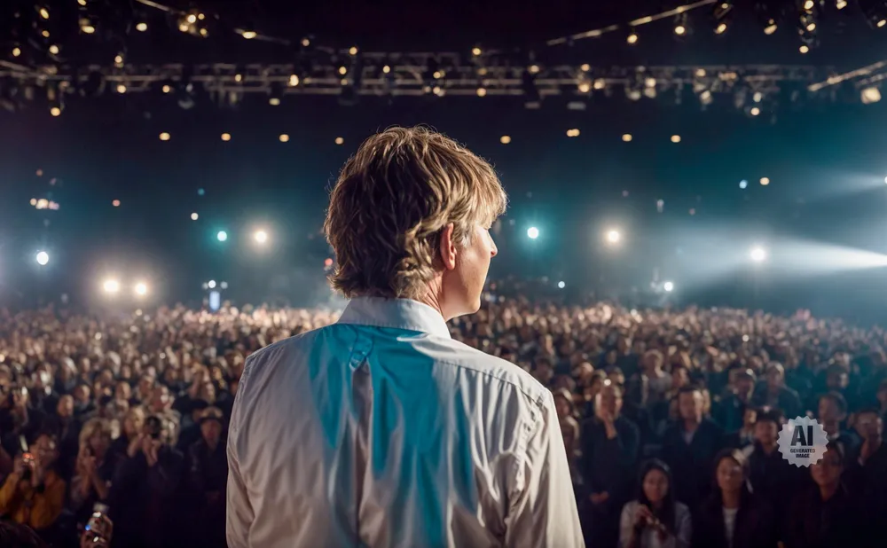 A man in a white shirt faces a large, cheering audience on a brightly lit stage.
