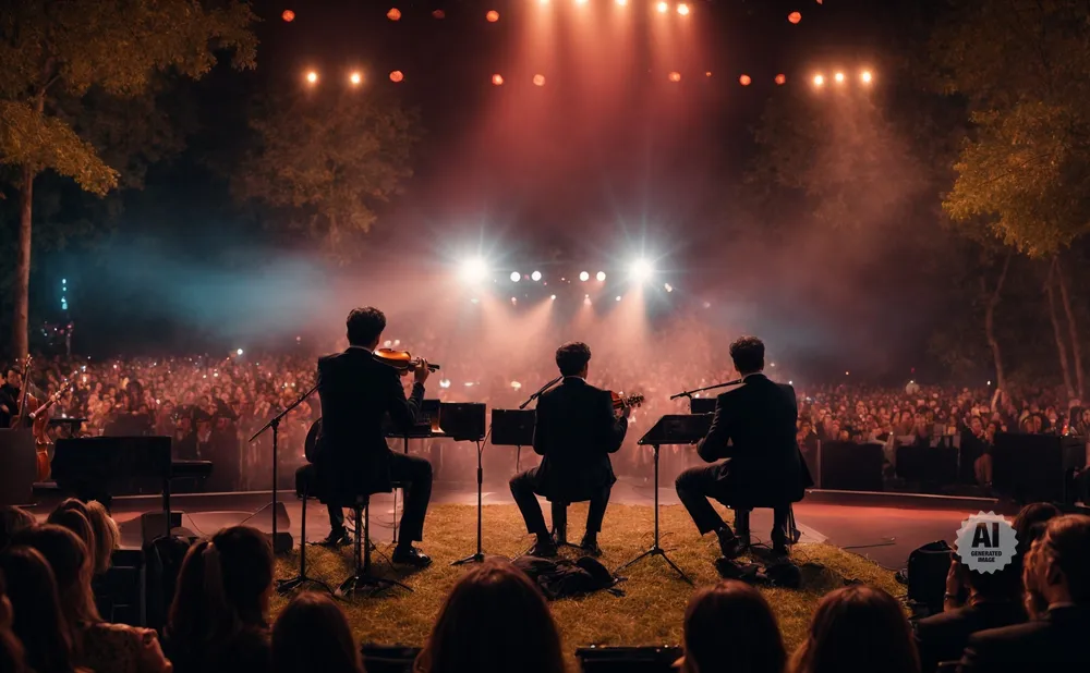 Three violinists perform for a large crowd at an outdoor concert at night, with stage lights illuminating the smoke-filled air.