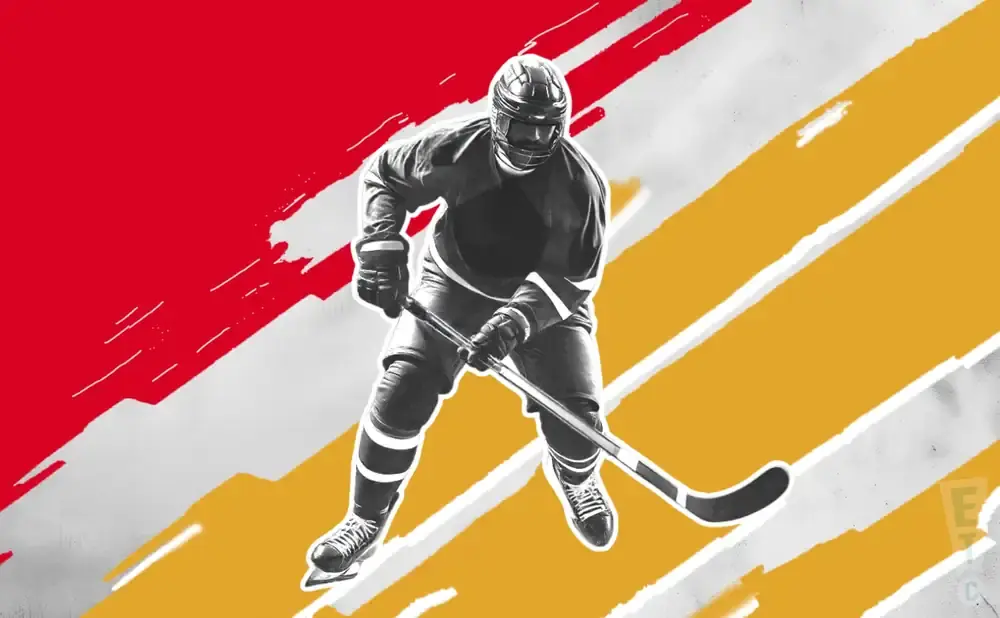 A black and white hockey player in full gear with a stick on a red and yellow abstract background.