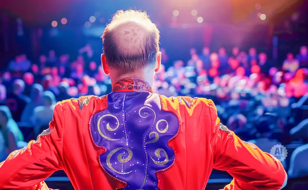 A performer in a vibrant red and purple costume faces a blurred audience under stage lights.