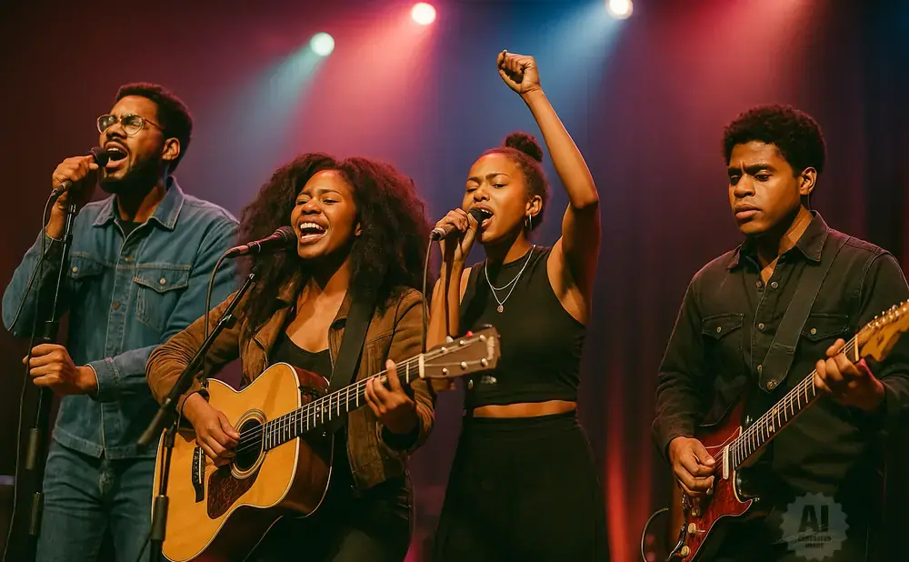 A band of four singers and musicians perform on stage with bright spotlights.