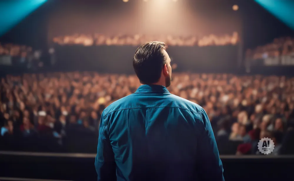 A man in a blue shirt faces a large, blurred audience under stage lights.