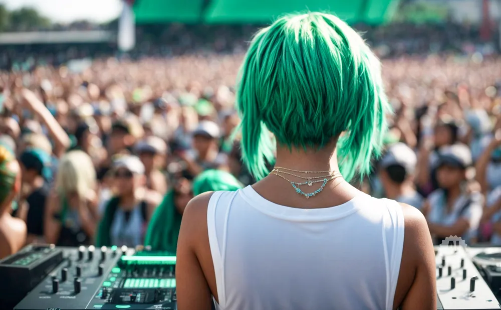 A DJ with bright green hair plays music for a large outdoor crowd, facing away from the camera.