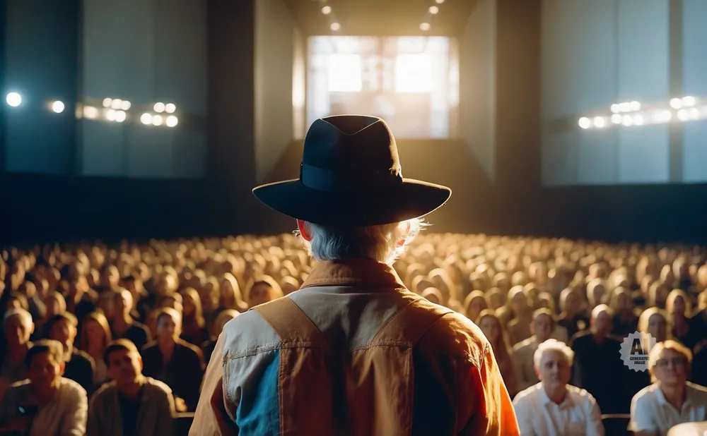 A person in a fedora faces a large audience in a theater, bathed in stage light.