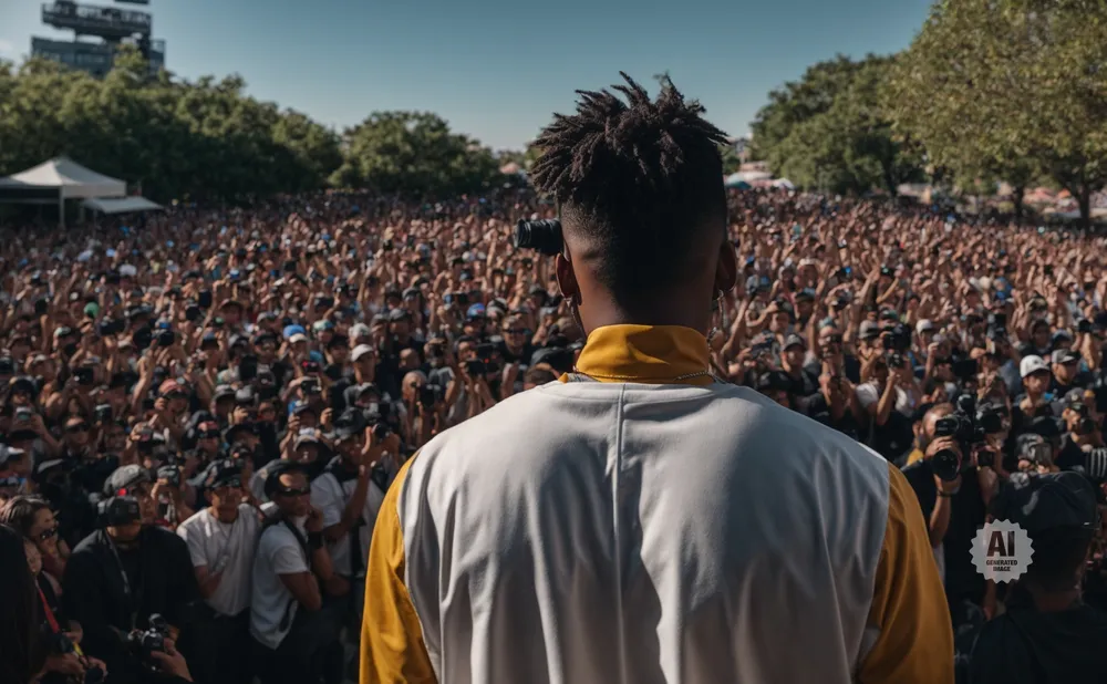 Man facing a large crowd at an outdoor event, with many people holding up phones to capture the moment.