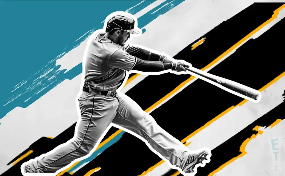 Baseball player swinging a bat with a graphic, abstract background.