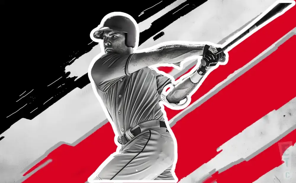 A baseball player swings a bat against a dynamic red, white, and black background.